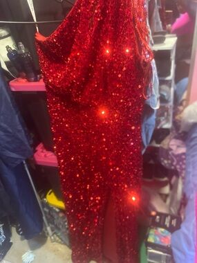 JJs House Red One-Shoulder Sequin Evening Gown